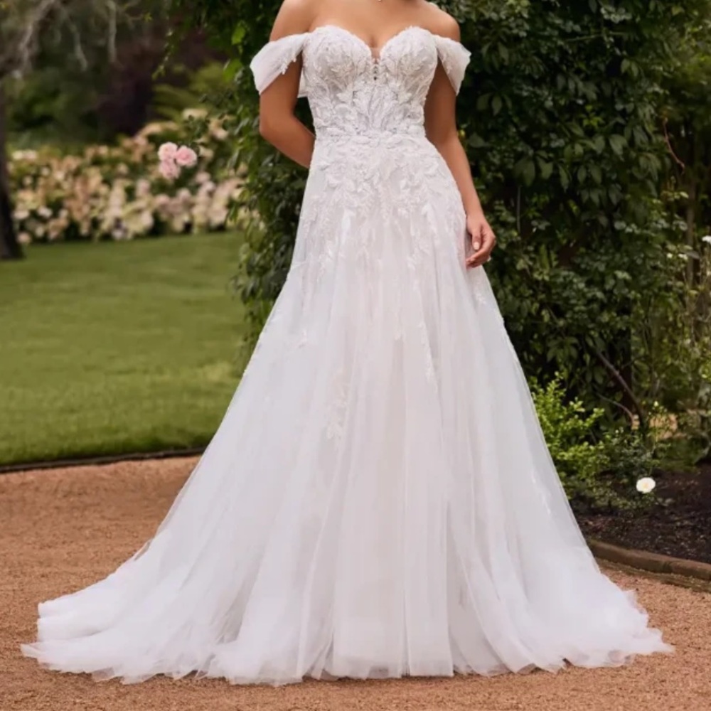 Ivory/Blush Ethereal Off-Shoulder Wedding Dress with Beaded Semi-Sheer Bodice